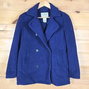 LL Bean Fleece Pea Coat Womens XS Petite Button Up Navy Double Breasted Preppy